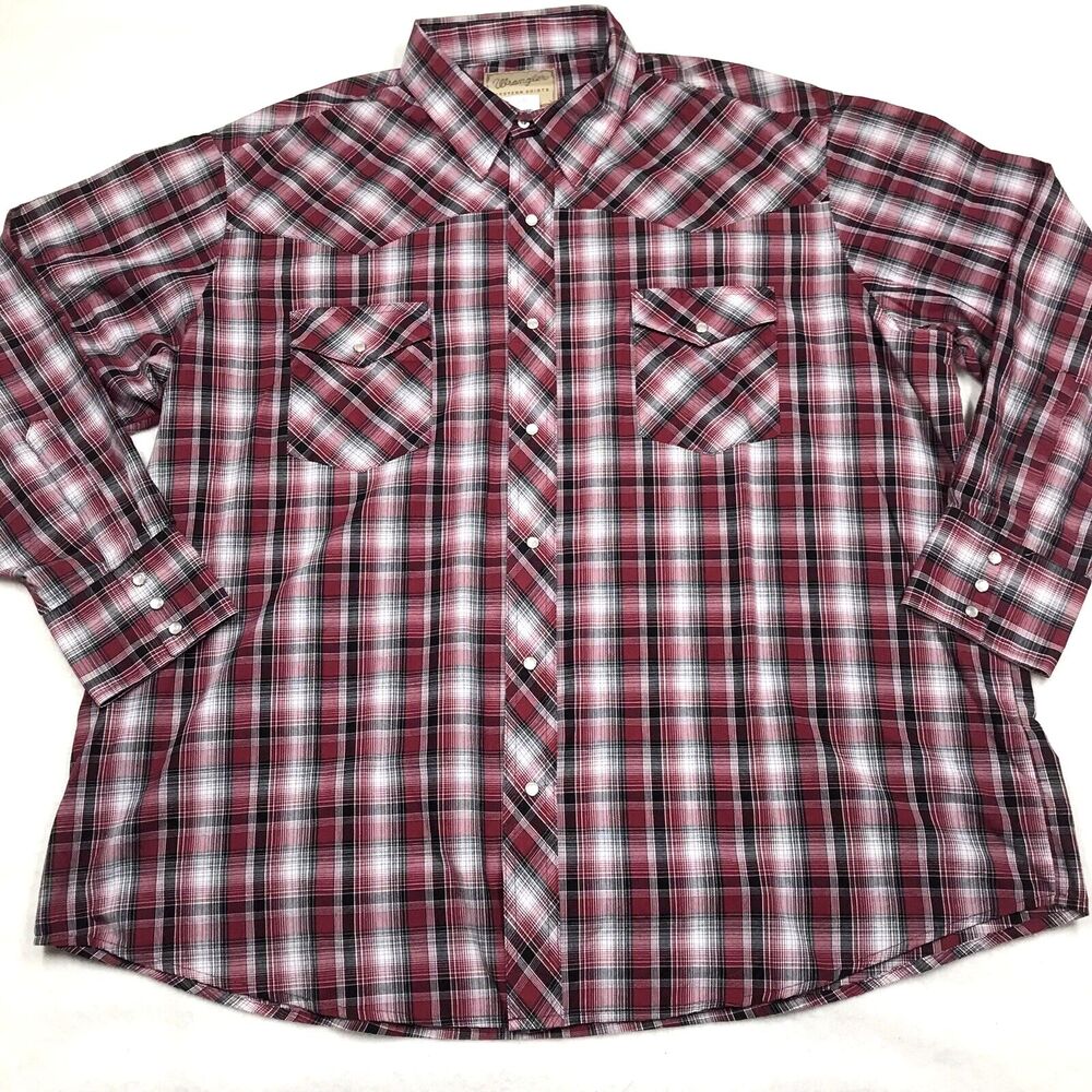 WRANGLER Western Shirt Men 2XL Red Plaid Pearl Snap Cowboy Rodeo Country